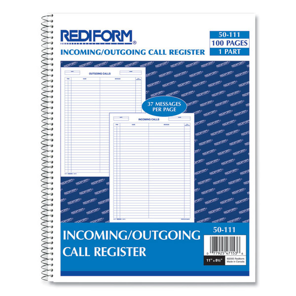 Wirebound Call Register, One-Part (No Copies), 11 x 8.5, 100 Forms Total [SKU: RED50111]