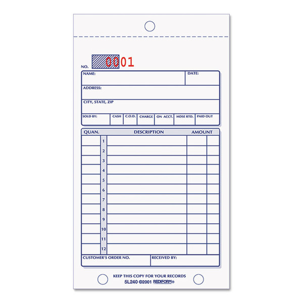 Sales Book, 12 Lines, Two-Part Carbonless, 3.63 x 6.38, 50 Forms Total [SKU: RED5L240]