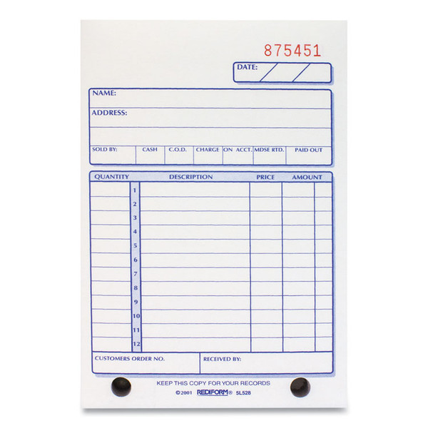Sales Book, 12 Lines, Three-Part Carbonless, 4.25 x 6.38, 50 Forms Total [SKU: RED5L528]