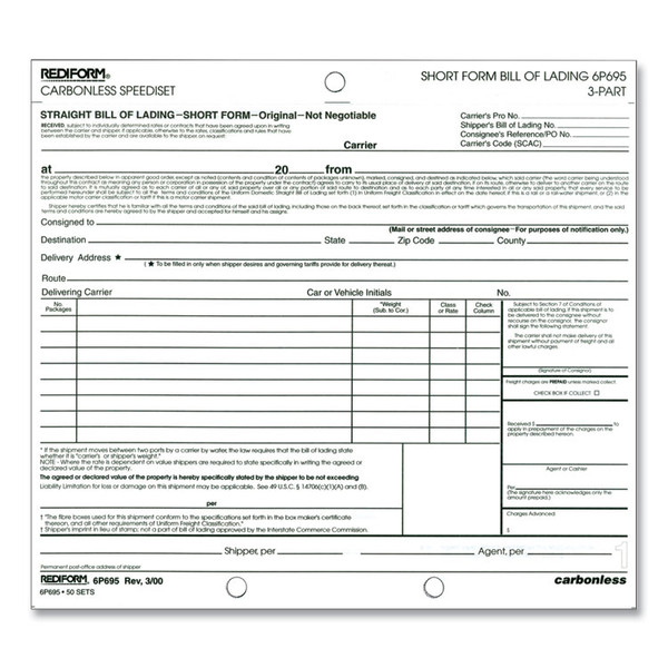 Speediset Bill of Lading, Short Form, Three-Part Carbonless, 7 x 8.5, 50 Forms Total [SKU: RED6P695]