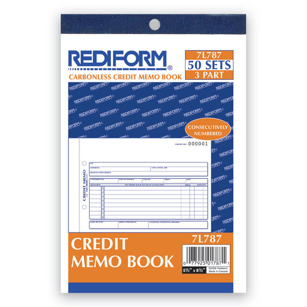 Credit Memo Book, Three-Part Carbonless, 5.5 x 7.88, 50 Forms Total [SKU: RED7L787]