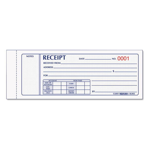 Receipt Book, Three-Part Carbonless, 7 x 2.75, 4 Forms/Sheet, 50 Forms Total [SKU: RED8L802]