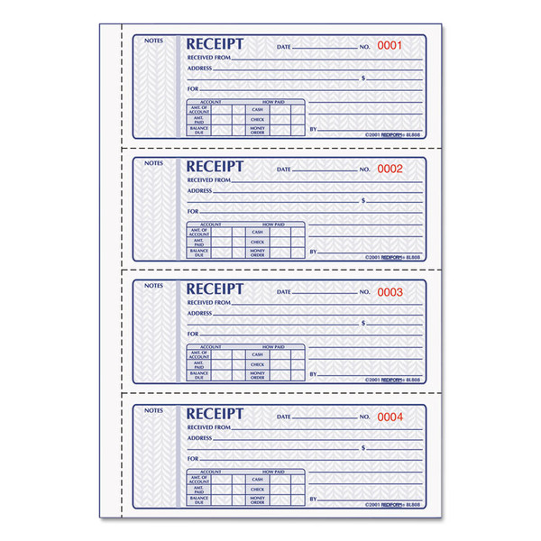 Money Receipt Book, FormGuard Cover, Three-Part Carbonless, 7 x 2.75, 4 Forms/Sheet, 100 Forms Total [SKU: RED8L808R]