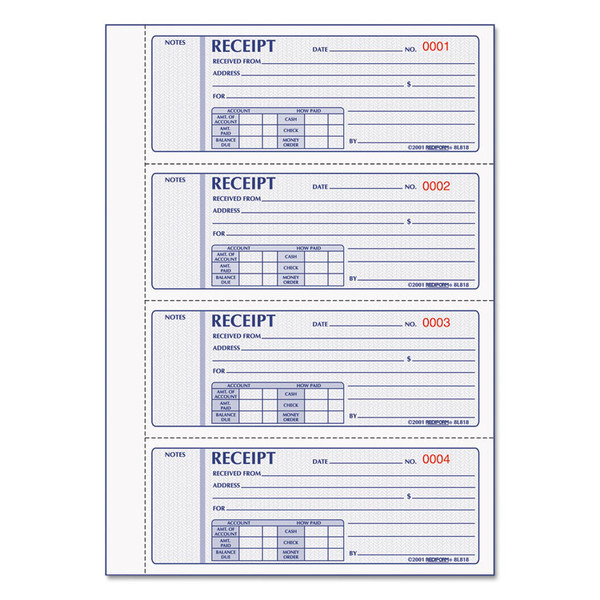 Money Receipt Book, Hardcover, Three-Part Carbonless, 7 x 2.75, 4 Forms/Sheet, 200 Forms Total [SKU: RED8L818]