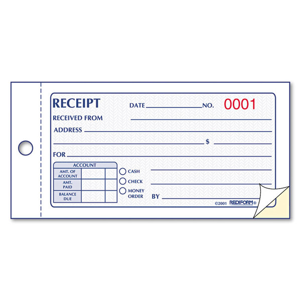 Small Money Receipt Book, Two-Part Carbonless, 2.75 x 5, 50 Forms Total [SKU: RED8L820]