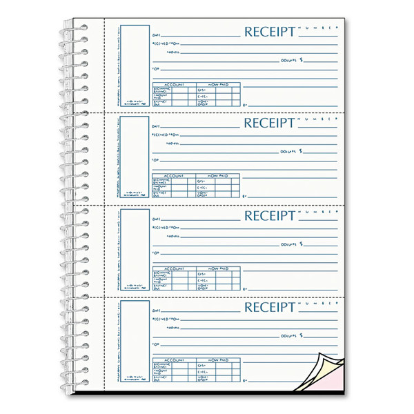 Spiralbound Unnumbered Money Receipt Book, Three-Part Carbonless, 7 x 2.75, 4 Forms/Sheet, 120 Forms Total [SKU: REDS16444WCL]