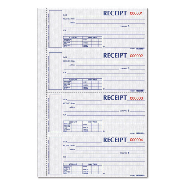 Durable Hardcover Numbered Money Receipt Book, Three-Part Carbonless, 6.88 x 2.75, 4 Forms/Sheet, 200 Forms Total [SKU: REDS1657NCL]