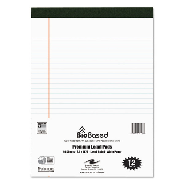 USDA Certified Bio-Preferred Legal Pad, Wide/Legal Rule, 40 White 8.5 x 11.75 Sheets, 12/Pack [SKU: ROA24326]