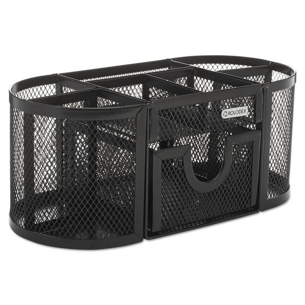 Mesh Oval Pencil Cup Organizer, 4 Compartments, Steel, 9.38 x 4.5 x 4, Black [SKU: ROL1746466]