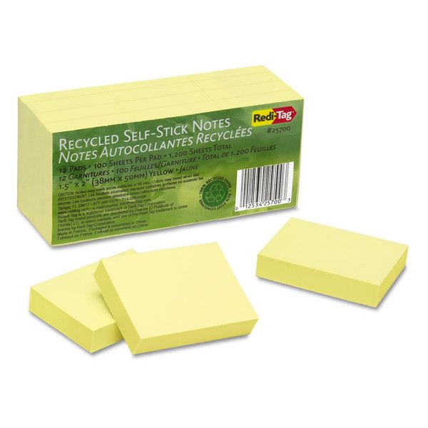 100% Recycled Self-Stick Notes, 1.5" x 2", Yellow, 100 Sheets/Pad, 12 Pads/Pack [SKU: RTG25700]