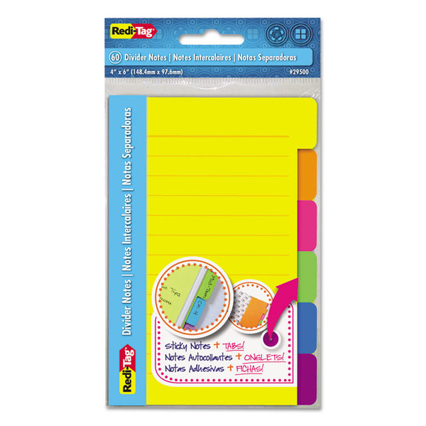 Index Sticky Notes, 6-Tab Sets, Note Ruled, 4" x 6", Assorted Colors, 60 Sheets/Set, 2 Sets/Pack [SKU: RTG29500]