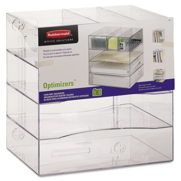 Optimizers Four-Way Organizer with Drawers, 6 Compartments, 2 Drawers, Plastic, 10 x 13.25 x 13.25, Clear [SKU: RUB94600ROS]