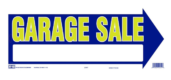 HY-KO 22451 Directional Sign, GARAGE SALE (Arrow), Yellow Legend, Blue Background, Plastic, 9 in H x 18 in W Dimensions [SKU: ORG9545237]