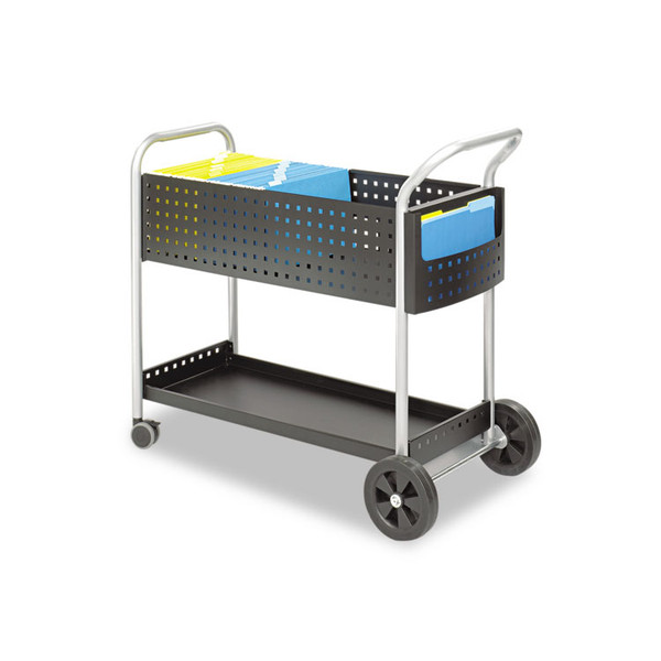 Scoot Dual-Purpose Mail and Filing Cart, Metal, 1 Shelf, 2 Bins, 22.5" x 39.5" x 40.75", Black/Silver [SKU: SAF5239BL]