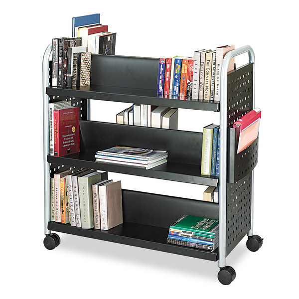 Scoot Double-Sided Book Cart, Metal, 6 Shelves, 1 Bin, 41.25" x 17.75" x 41.25", Black [SKU: SAF5335BL]