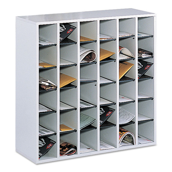 Wood Mail Sorter with Adjustable Dividers, Stackable, 36 Compartments, 33.75 x 12 x 32.75, Gray [SKU: SAF7766GR]