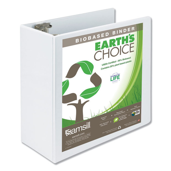 Earth's Choice Biobased Round Ring View Binder, 3 Rings, 5" Capacity, 11 x 8.5, White [SKU: SAM18907]