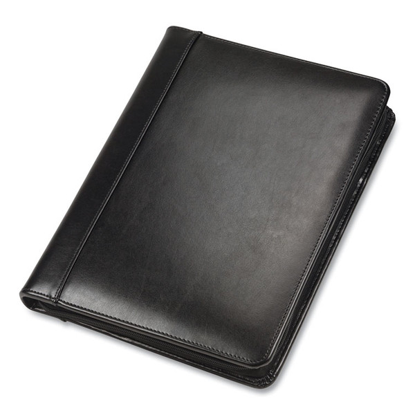 Leather Zipper Padfolio w/Writing Pad, Organizer Slots, Black [SKU: SAM70730]