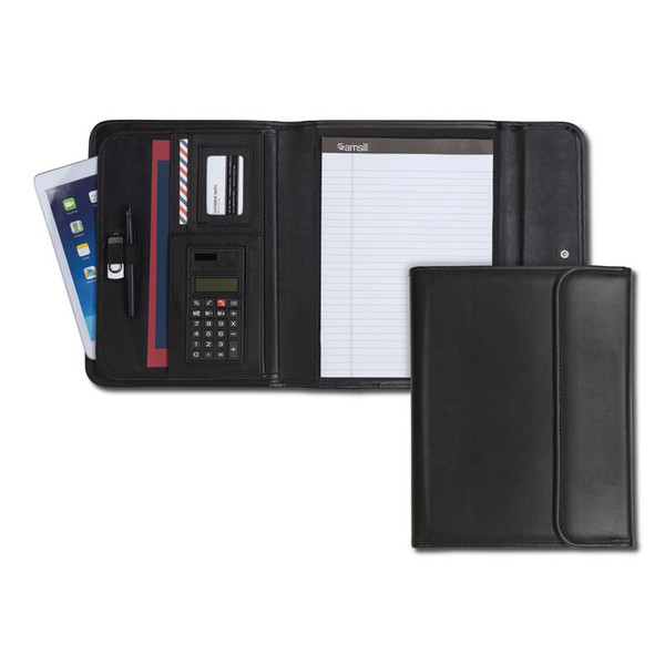 Professional Tri-Fold Padfolio w/Calculator, Writing Pad, Vinyl, Black [SKU: SAM70890]