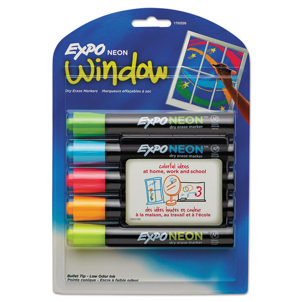 Neon Windows Dry Erase Marker, Broad Bullet Tip, Assorted Colors, 5/Pack [SKU: SAN1752226]