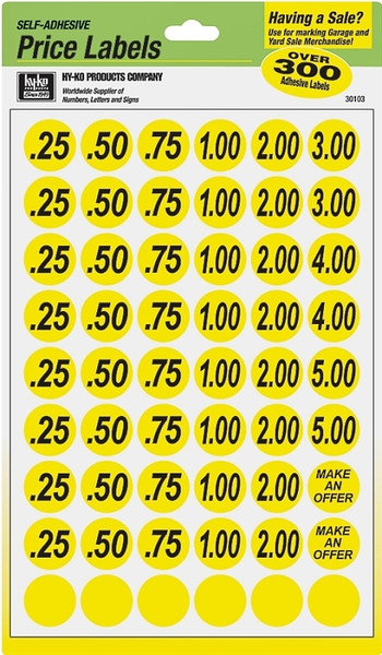 HY-KO 30103 Price Label, Black Legend, Yellow Background [SKU: ORG7748841]
