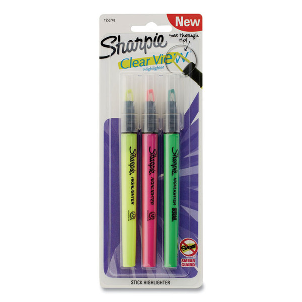 Clearview Pen-Style Highlighter, Assorted Ink Colors, Chisel Tip, Assorted Barrel Colors, 3/Pack [SKU: SAN1950748]