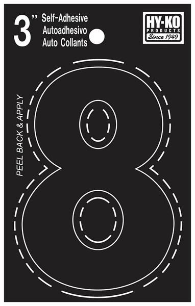 HY-KO 30400 Series 30408 Die-Cut Number, Character: 8, 3 in H Character, Black Character, Vinyl [SKU: ORG6470421]