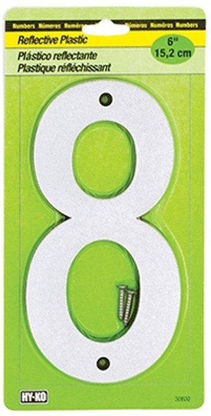 HY-KO 30800 Series 30808 Reflective Sign, Character: 8, 6 in H Character, Black/Silver Character, Plastic [SKU: ORG0234237]