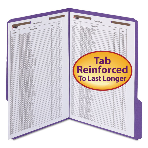 WaterShed CutLess Reinforced Top Tab Fastener Folders, 0.75" Expansion, 2 Fasteners, Letter Size, Purple Exterior, 50/Box [SKU: SMD12442]