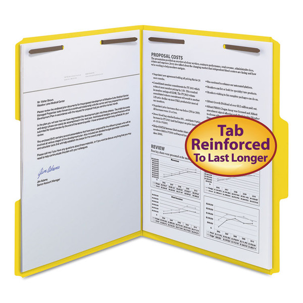 WaterShed CutLess Reinforced Top Tab Fastener Folders, 0.75" Expansion, 2 Fasteners, Letter Size, Yellow Exterior, 50/Box [SKU: SMD12942]