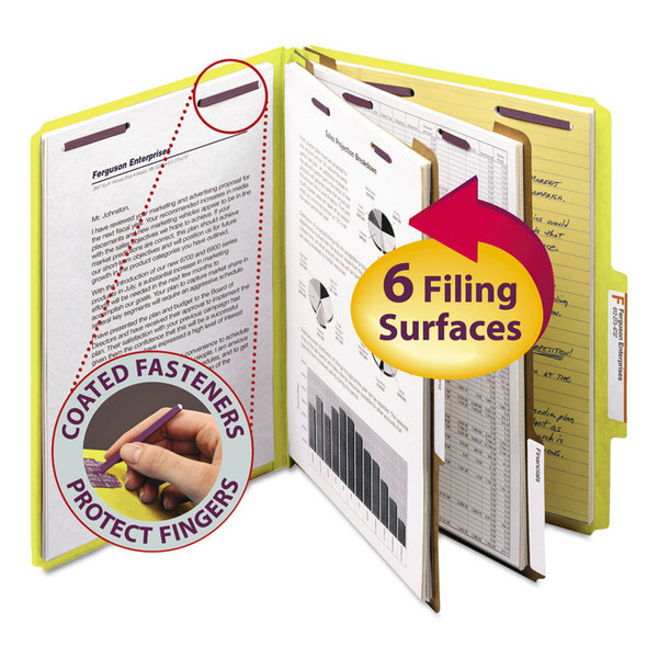 Six-Section Pressboard Top Tab Classification Folders, Six SafeSHIELD Fasteners, 2 Dividers, Letter Size, Yellow, 10/Box [SKU: SMD14034]
