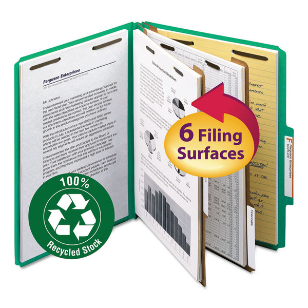 Recycled Pressboard Classification Folders, 2" Expansion, 2 Dividers, 6 Fasteners, Letter Size, Green Exterior, 10/Box [SKU: SMD14063]