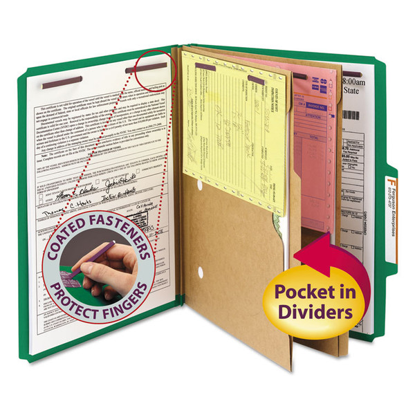 6-Section Pressboard Top Tab Pocket Classification Folders, 6 SafeSHIELD Fasteners, 2 Dividers, Letter Size, Green, 10/Box [SKU: SMD14083]