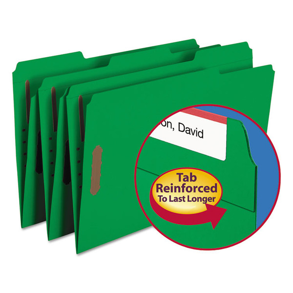 Top Tab Colored Fastener Folders, 0.75" Expansion, 2 Fasteners, Legal Size, Green Exterior, 50/Box [SKU: SMD17140]