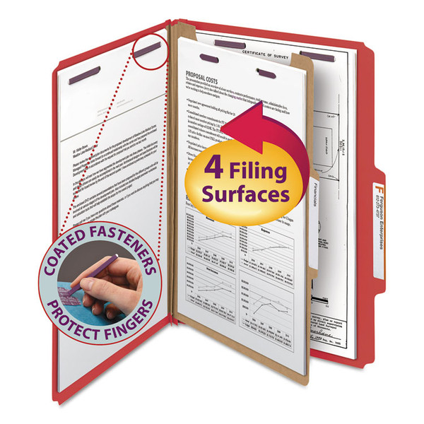 Four-Section Pressboard Top Tab Classification Folders, Four SafeSHIELD Fasteners, 1 Divider, Legal Size, Bright Red, 10/Box [SKU: SMD18731]