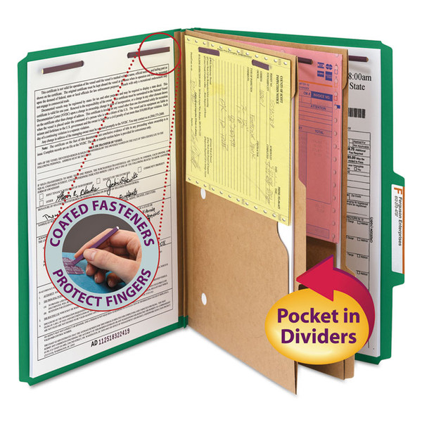 6-Section Pressboard Top Tab Pocket Classification Folders, 6 SafeSHIELD Fasteners, 2 Dividers, Legal Size, Green, 10/Box [SKU: SMD19083]