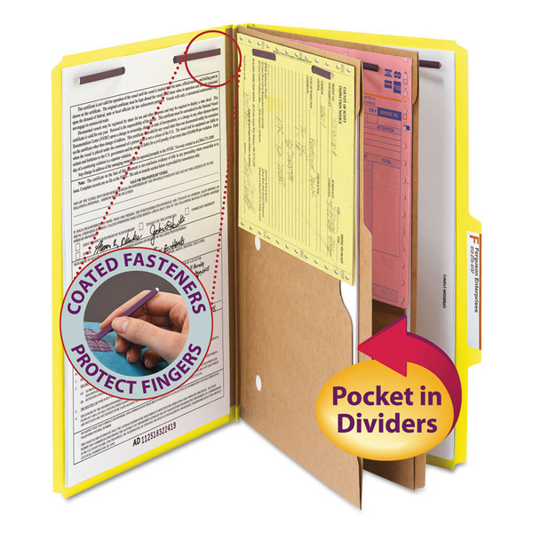 6-Section Pressboard Top Tab Pocket Classification Folders, 6 SafeSHIELD Fasteners, 2 Dividers, Legal Size, Yellow, 10/Box [SKU: SMD19084]