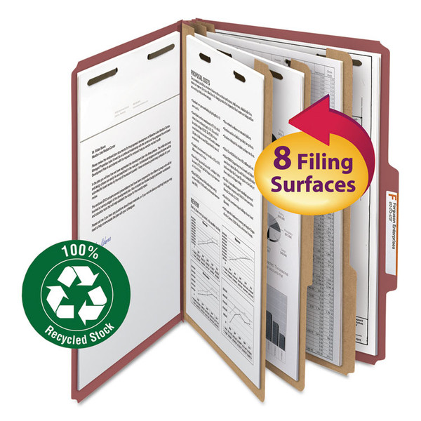 Recycled Pressboard Classification Folders, 3" Expansion, 3 Dividers, 8 Fasteners, Legal Size, Red Exterior, 10/Box [SKU: SMD19099]