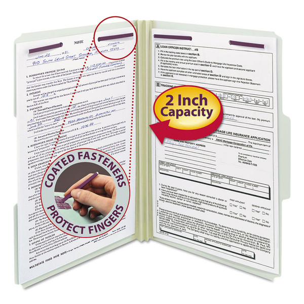Recycled Pressboard Fastener Folders, 1/3-Cut Tabs, Two SafeSHIELD Fasteners, 2" Expansion, Legal Size, Gray-Green, 25/Box [SKU: SMD19934]