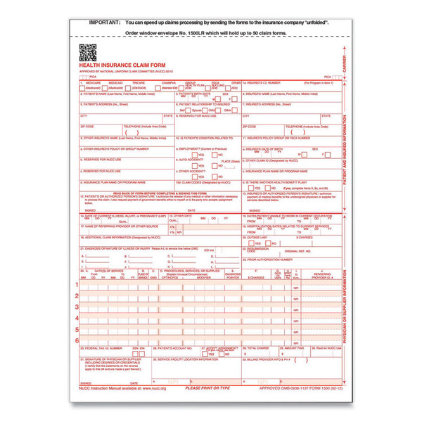 CMS-1500 Health Insurance Claim Form, One-Part (No Copies), 8.5 x 11, 100 Forms Total [SKU: TFP650657]