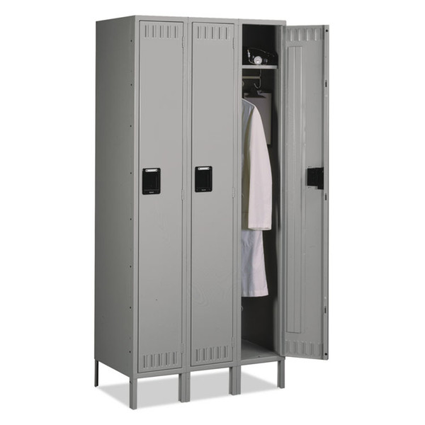 Single-Tier Locker with Legs, Three Lockers with Hat Shelves and Coat Rods, 36w x 18d x 78h, Medium Gray [SKU: TNNSTS1218723MG]