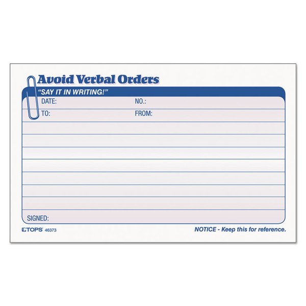 Avoid Verbal Orders Manifold Book, Two-Part Carbonless, 6.25 x 4.25, 50 Forms Total [SKU: TOP46373]