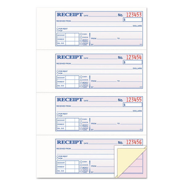 Money and Rent Receipt Book, Account + Payment Sections, Three-Part Carbonless, 7.13 x 2.75, 4 Forms/Sheet, 100 Forms Total [SKU: TOP46808]