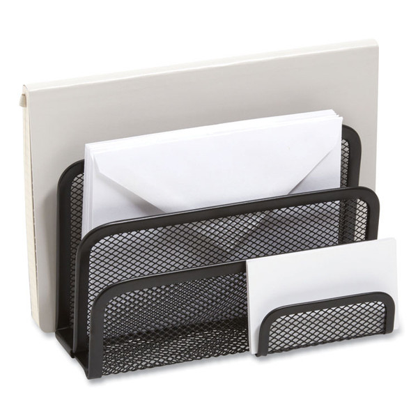 Wire Mesh Mail Sorter with Business Card Holder, 4 Sections, #6 1/4 to #16 Envelopes, 5.59 x 3.93 x 7.55, Matte Black [SKU: TUD24402451]