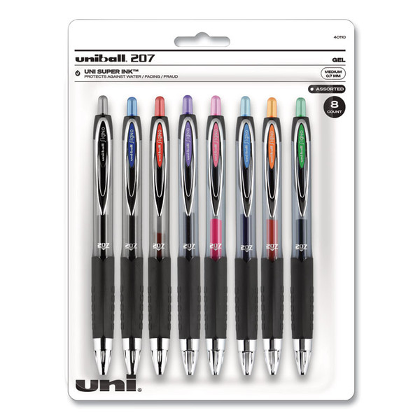 Signo 207 Gel Pen, Retractable, Medium 0.7 mm, Assorted Ink Colors, Black Barrel, 8/Pack [SKU: UBC40110]