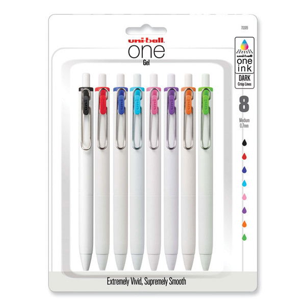 uniONE Gel Pen, Retractable, Medium 0.7 mm, Inspirational Ink-Color Assortment, White Barrel, 8/Pack [SKU: UBC70309]