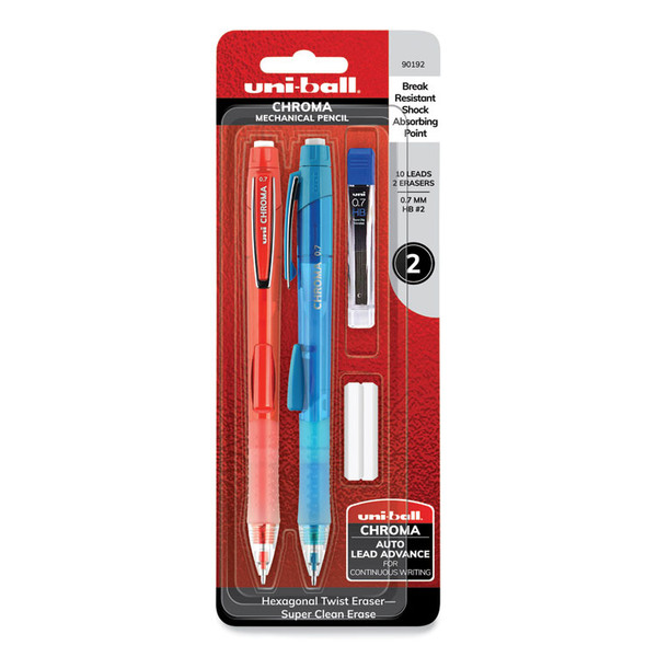 Chroma Mechanical Pencil w/ 10 Leads and 2 Erasers, 0.7 mm, HB (#2), Black Lead, (1) Red (1) Blue Barrel, 2/Pack [SKU: UBC90192]