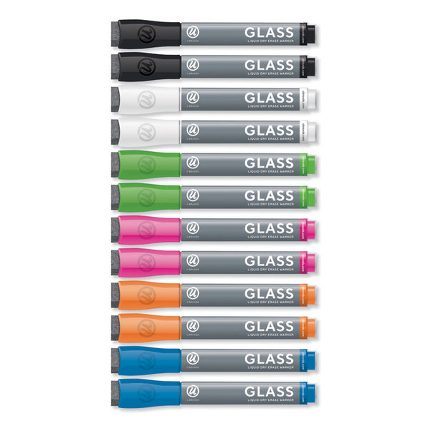 Bullet Tip Low-Odor Liquid Glass Markers with Erasers, Broad Bullet Tip, Assorted Colors, 12/Pack [SKU: UBR2913U0012]