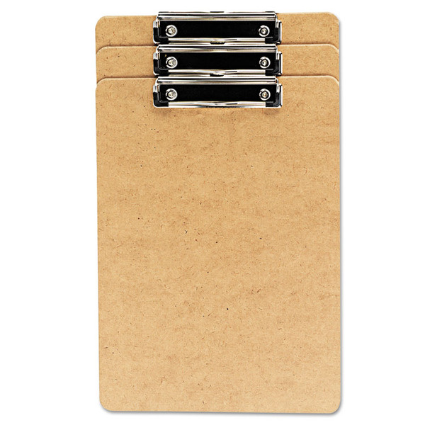 Hardboard Clipboard with Low-Profile Clip, 0.5" Clip Capacity, Holds 8.5 x 14 Sheets, Brown, 3/Pack [SKU: UNV05563]