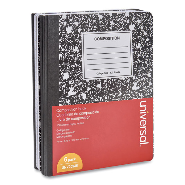 Composition Book, Medium/College Rule, Black Marble Cover, 9.75 x 7.5, 100 Sheets, 6/Pack [SKU: UNV20946]